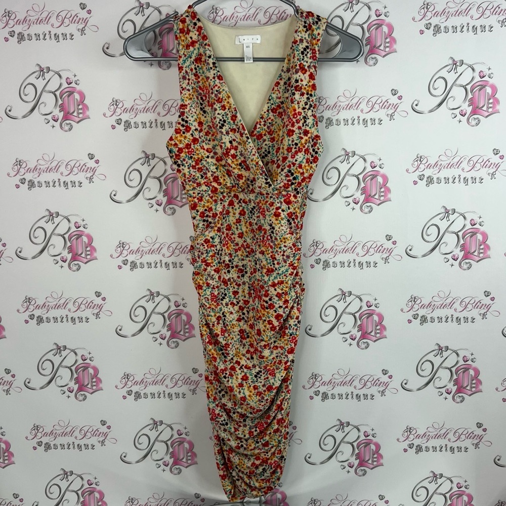 Leith dress flowers rainbow ๐ cinching sides v neck Floral Midi Dress